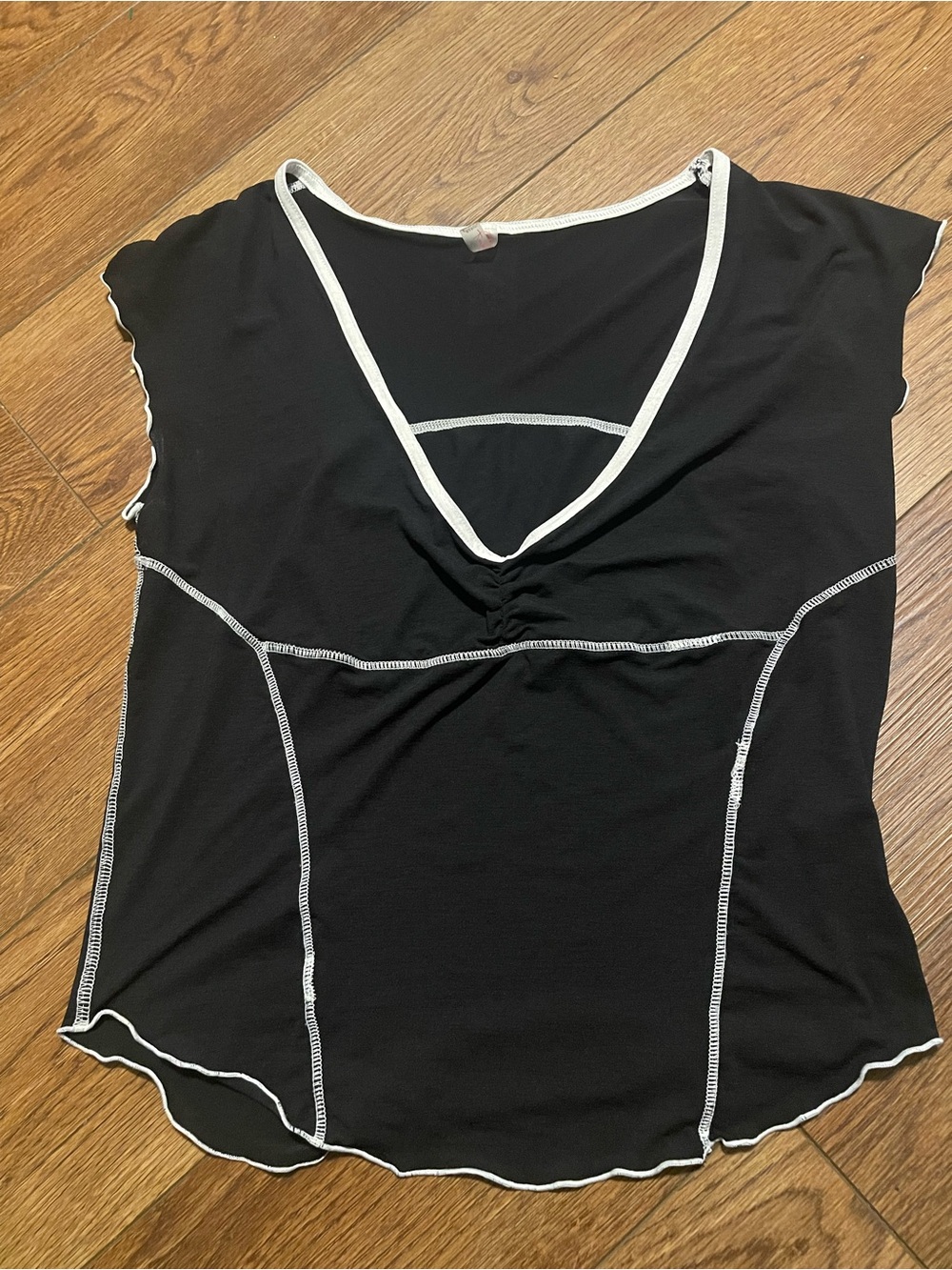 FP Movement Black Comtrast Stitch V-neck Cap-sleeve Athletic Top